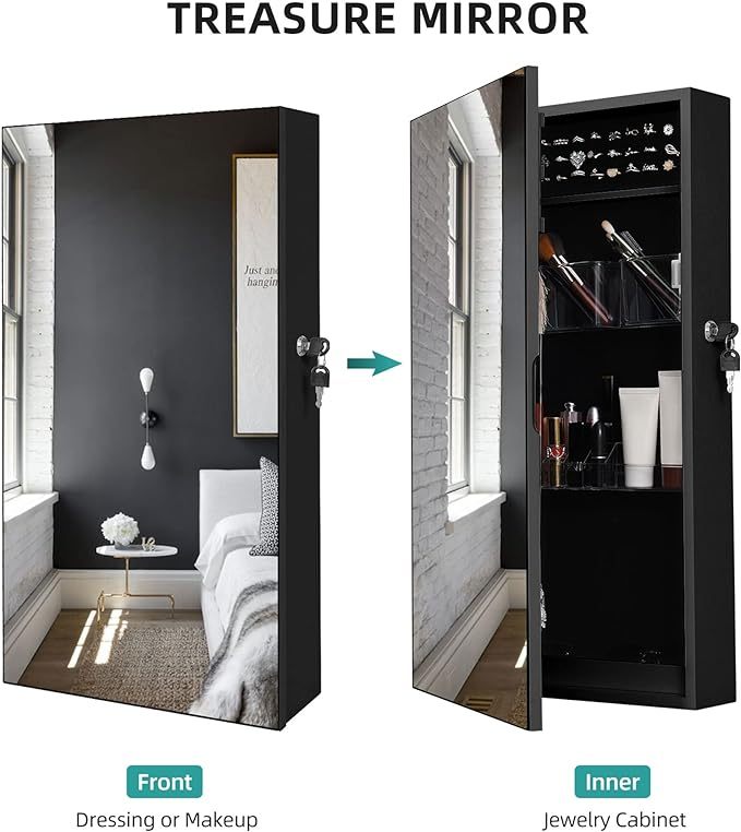 Lockable Jewelry Cabinet Armoire with Mirror, Wall-Mounted Mirror with Jewelry Storage
