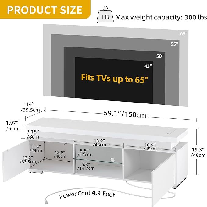 White TV Stand with LED Lights and Power Outlet