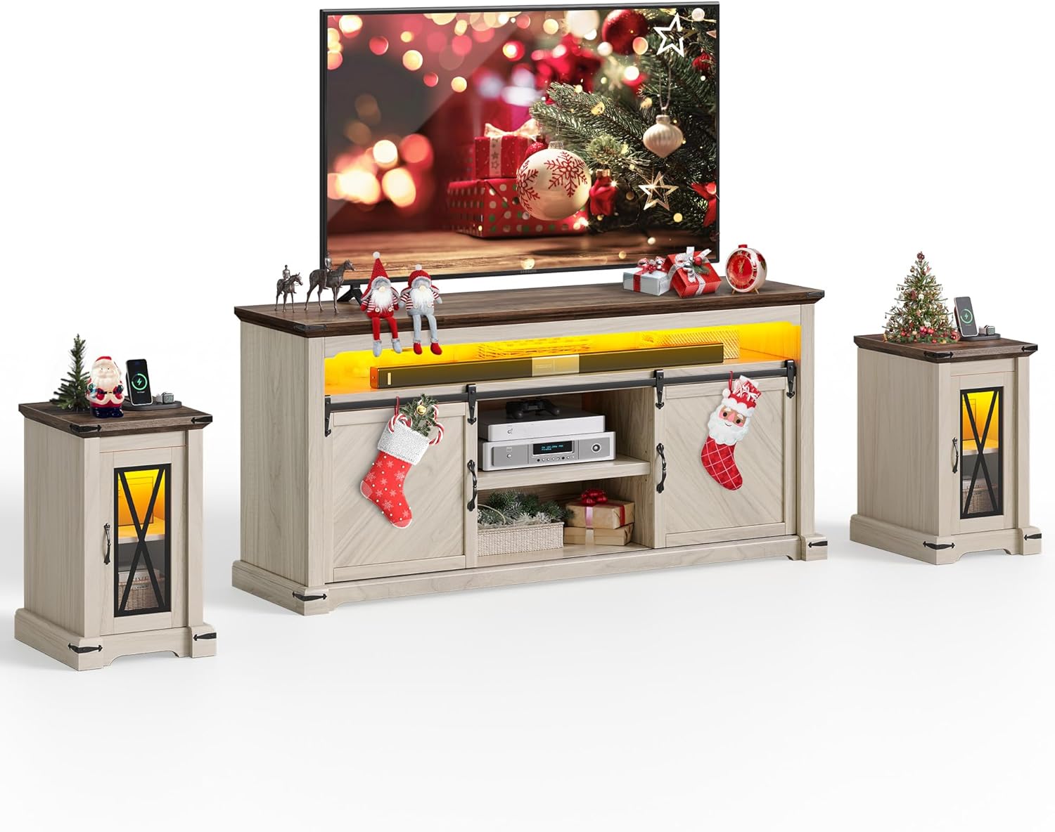 Farmhouse TV Stand 3-Piece Sets, Includes Sliding Barn Door TV Stand and 2Pcs Nightstand, LED Console Table