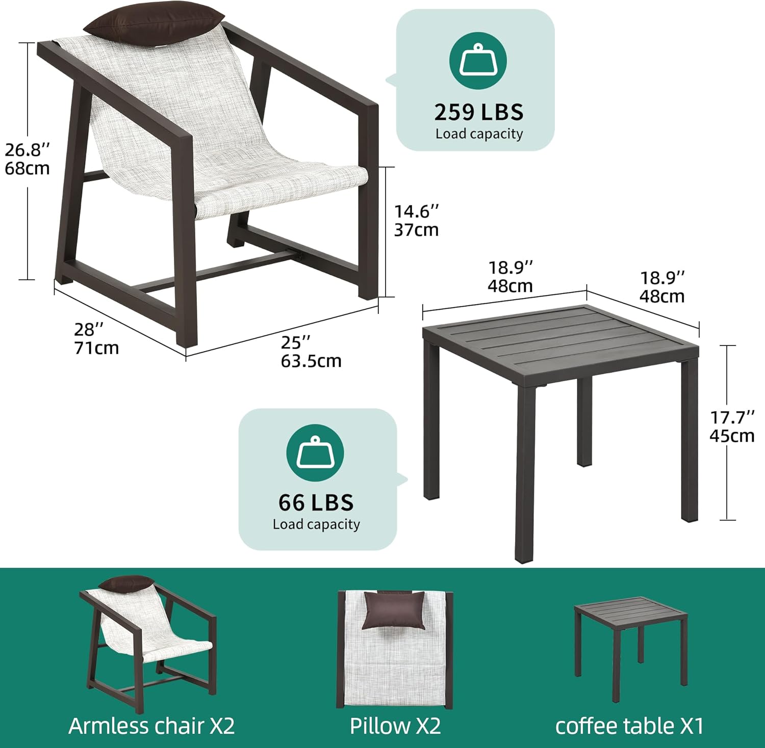 3 Piece Patio Bistro Set, Outdoor Table and Chairs Textile Furniture with Pillows, Front Porch Conversation Set