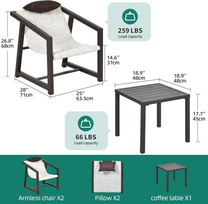 3 Piece Patio Bistro Set, Outdoor Table and Chairs Textile Furniture with Pillows, Front Porch Conversation Set