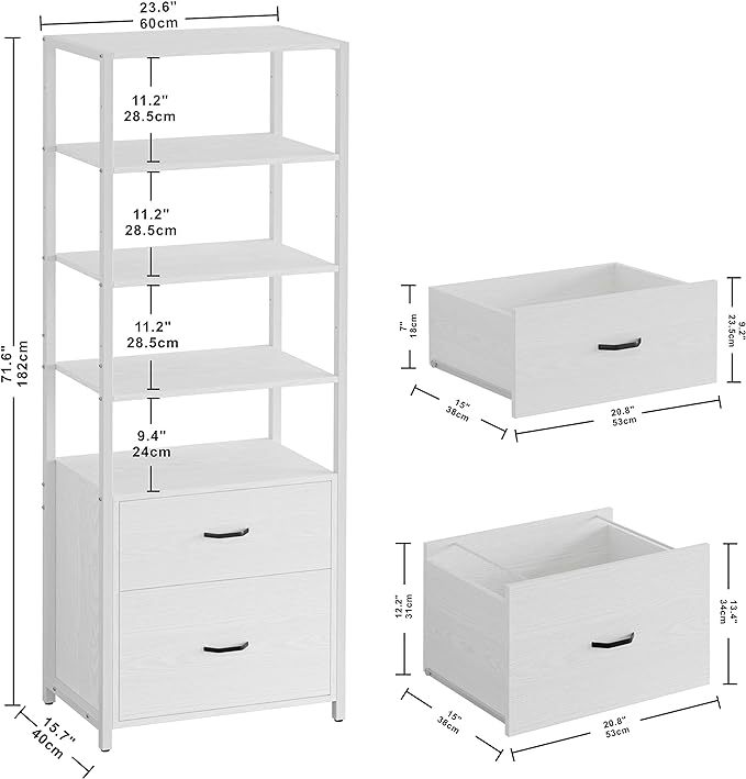 71.6 in Tall Bookshelf 5 Tier, Freestanding Storage Home Office Cabinet Organizer, Rustic Home Decor, White