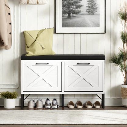 Shoe Cabinet Storage Bench for Entryway, 2-Tier Shoe Bench with 2 Flip Drawers & Padded Seat Cushion