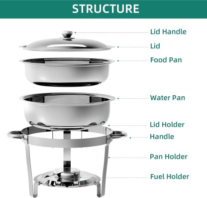 Chafing Dishes for Buffet, 5QT Round Chafing Dishes for Buffet with Lid & Lid Holder, Stainless Steel Chafers and Buffet Warmers Sets