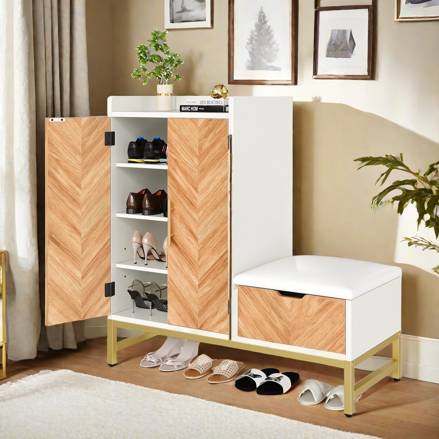 Shoe Cabinet with Bench for Entryway, 4-Tier Shoe Cabinet with Shoe Storage Bench
