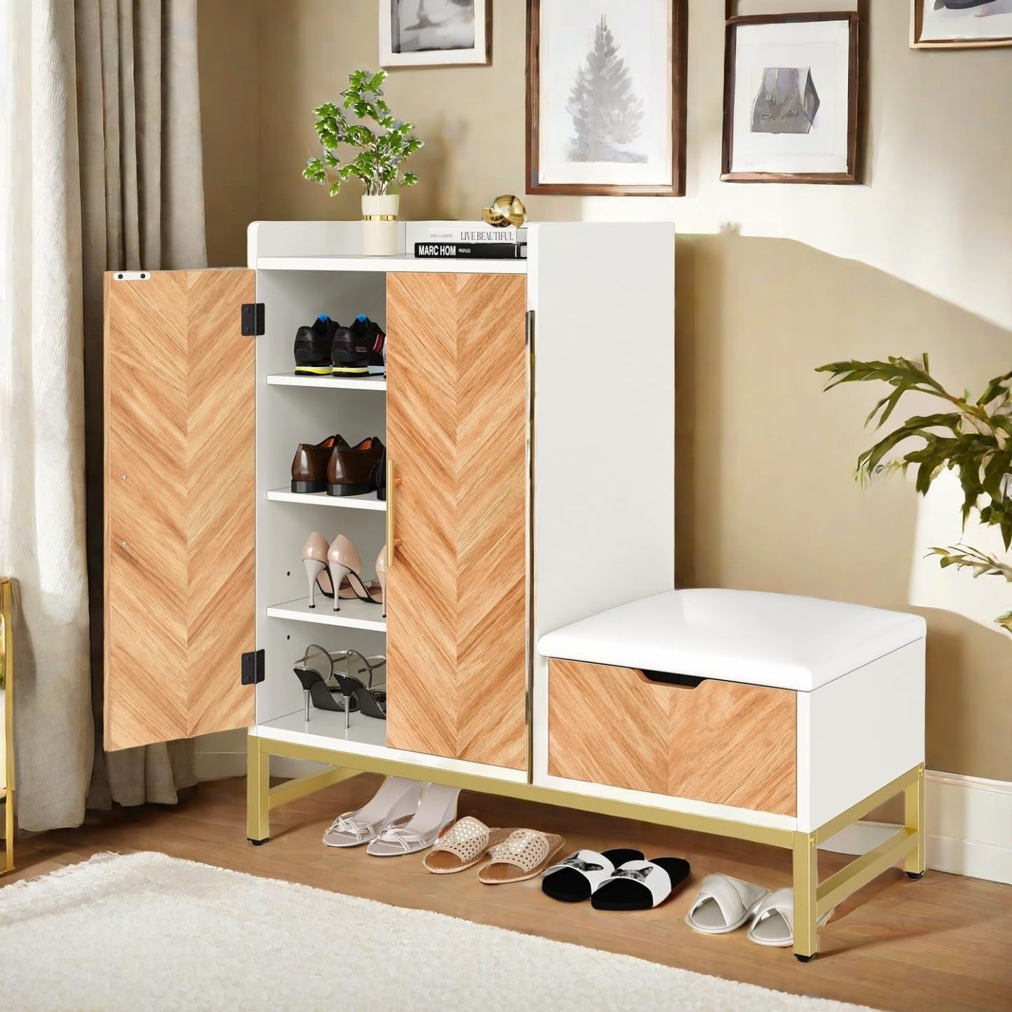 Shoe Cabinet with Bench for Entryway, 4-Tier Shoe Cabinet with Shoe Storage Bench