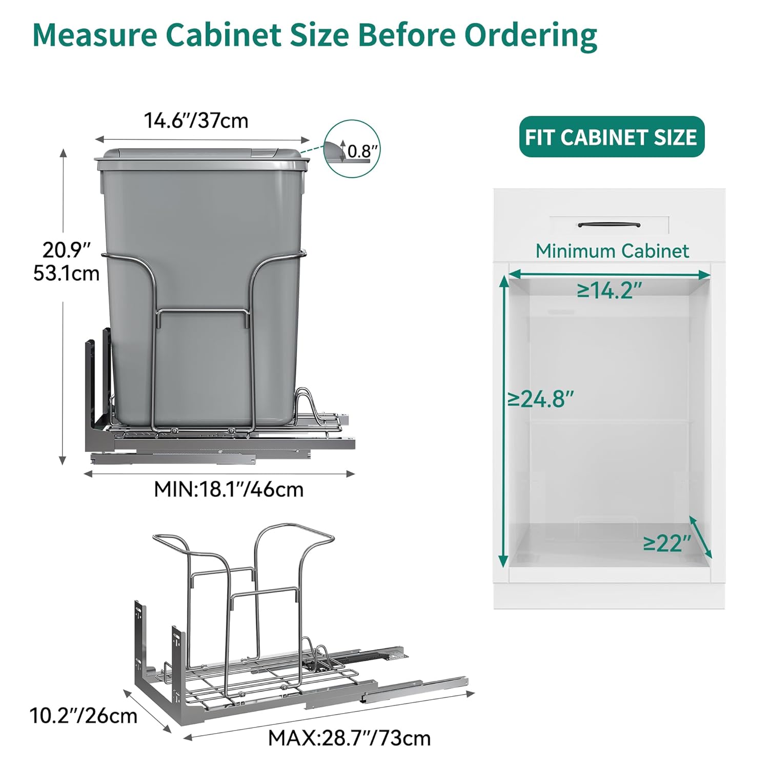 32 Quart Pull-Out Sliding Under Mount Kitchen Waste Garbage Container with Soft-Close Slides