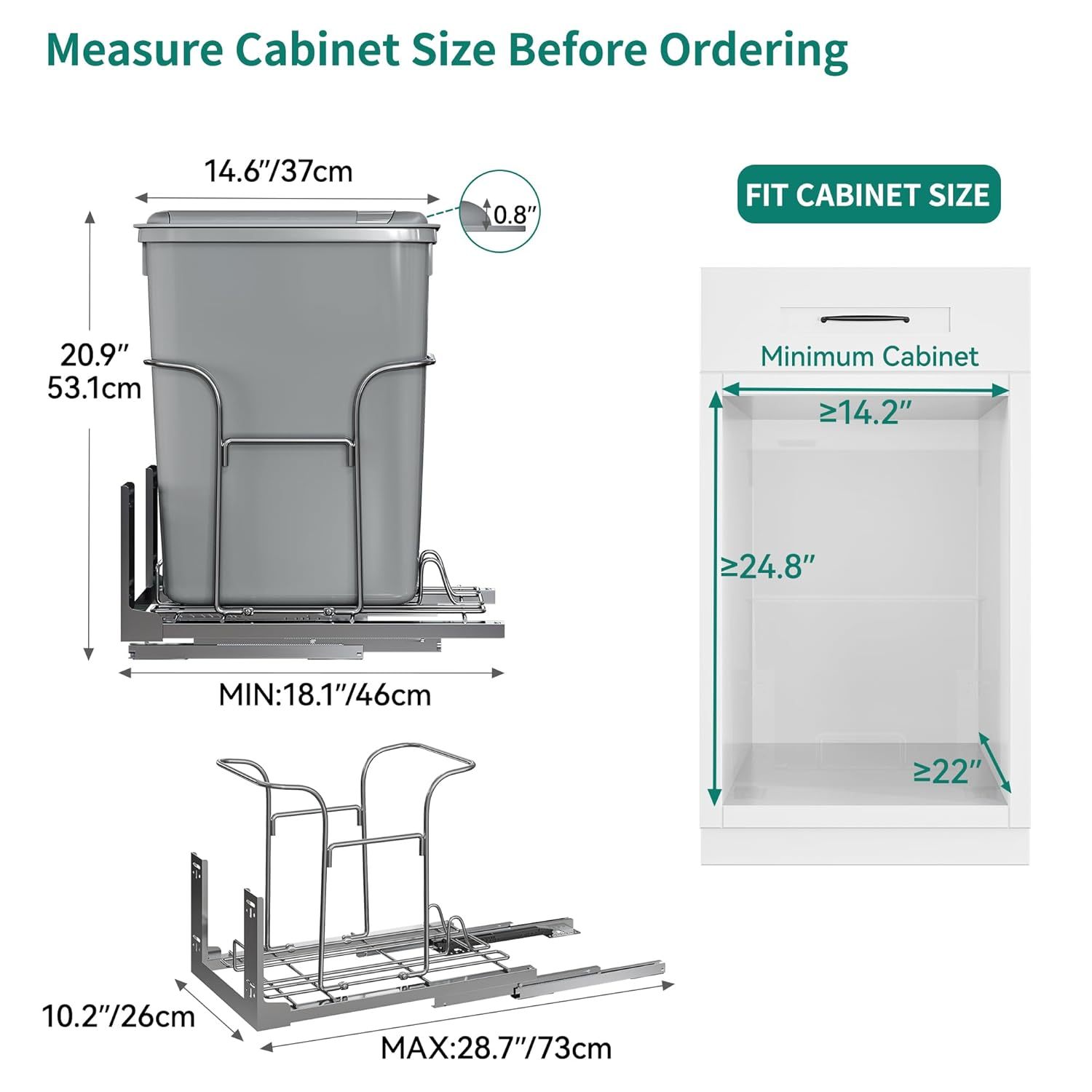 32 Quart Pull-Out Sliding Under Mount Kitchen Waste Garbage Container with Soft-Close Slides