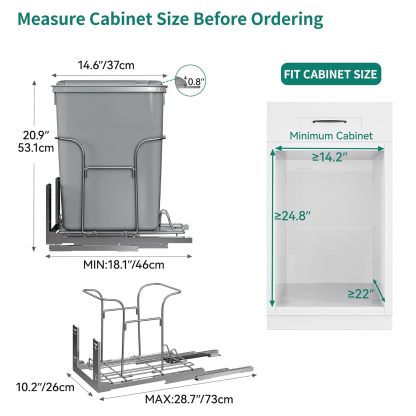 32 Quart Pull-Out Sliding Under Mount Kitchen Waste Garbage Container with Soft-Close Slides