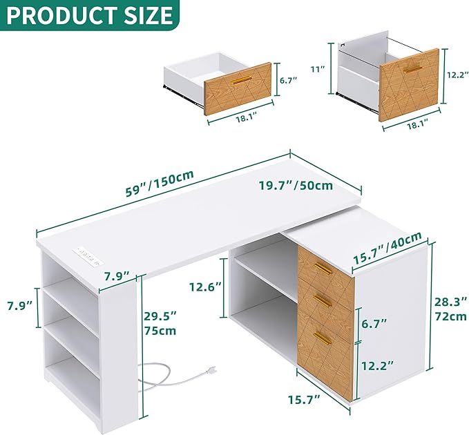 L Shaped Desk with Drawers, 59" Corner Computer Desk with Power Outlets & LED Lights