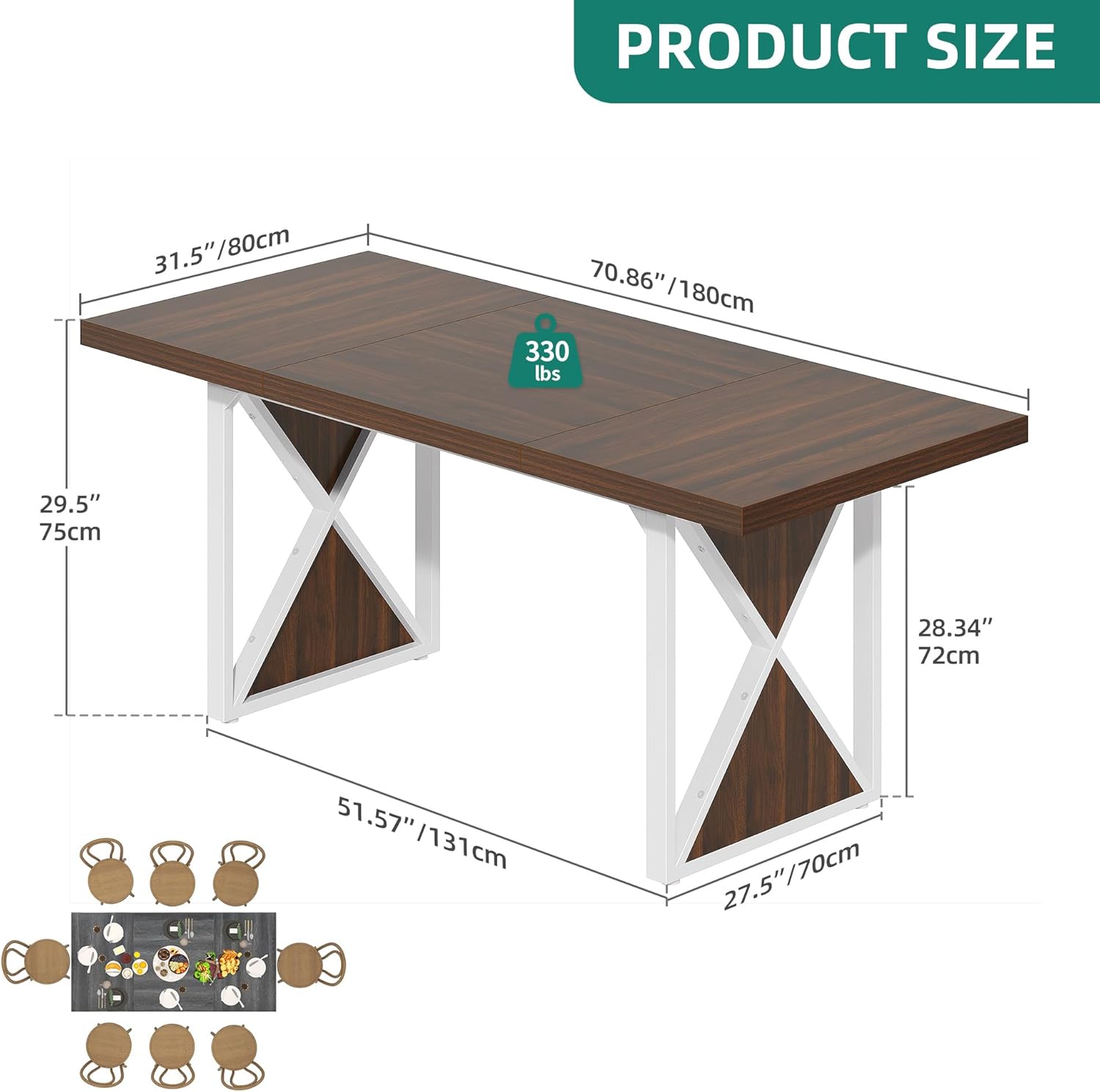 70.8'' Long Dining Table for 6-8 People Farmhouse Rectangular Kitchen Table with Heavy Duty Metal Legs Large Rustic Dinner Table