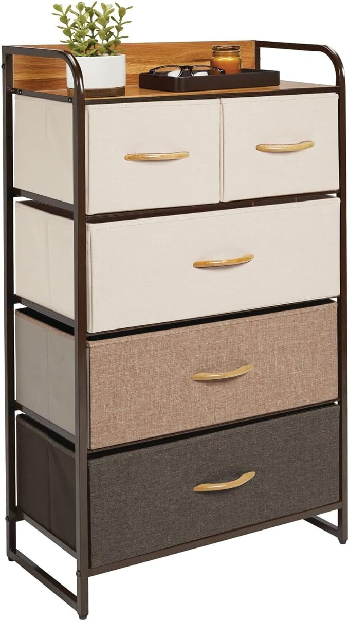 Tall Dresser Storage Chest - Vanity Furniture Cabinet Tower Unit for Bedroom, Office, and Closet - Textured Print - 5 Removable Drawers - Multi/Espresso Brown