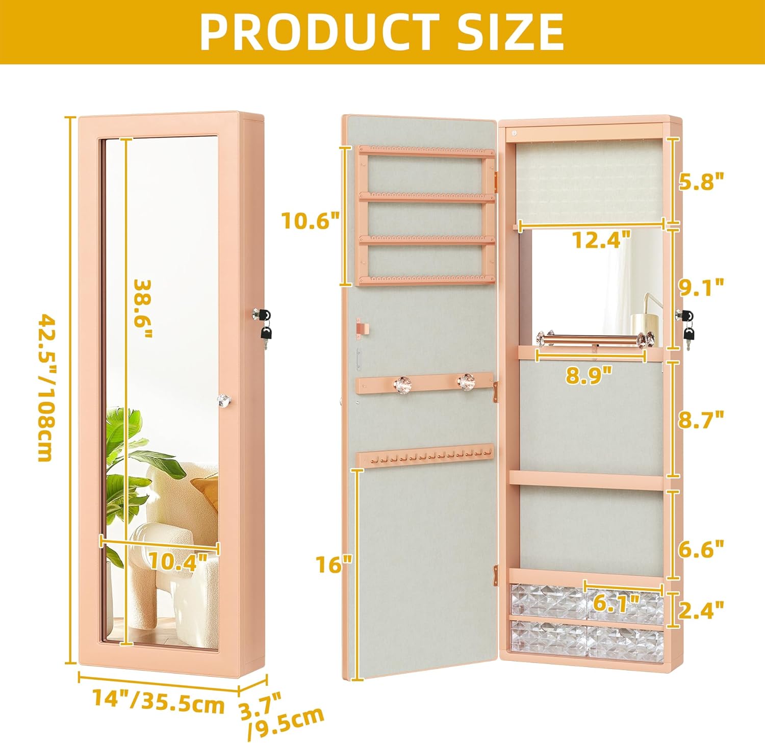 Mirror Jewelry Cabinet Wall Mounted Jewelry Cabinet, Door Hanging LED Jewelry Organizer with Full Length Mirror/Built-in Makeup Mirror/4 Drawers