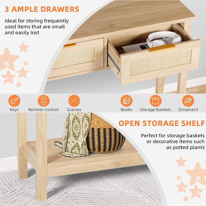 51" Console Table, Oak Grain Sofa Table with Wood Frame, Rustic Hallway Table with 3 Bamboo Weaving Storage Drawers and Shelf for Foyer Living Room Entryway