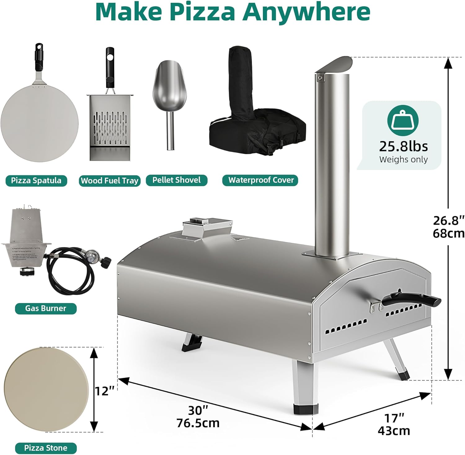 Multi-Fuel Outdoor Pizza Oven with Rotating, 12" Wood and Gas Fired Pizza Oven with Built-in Thermometer