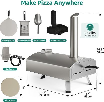 Multi-Fuel Outdoor Pizza Oven with Rotating, 12" Wood and Gas Fired Pizza Oven with Built-in Thermometer