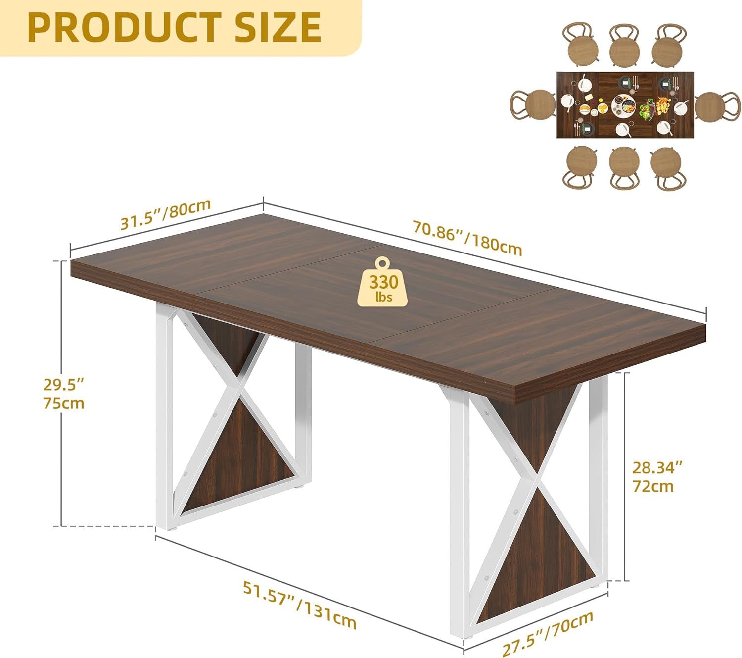 Farmhouse Dining Table for 6-8 People, 70.8-Inch Rectangular Wood Dining Table