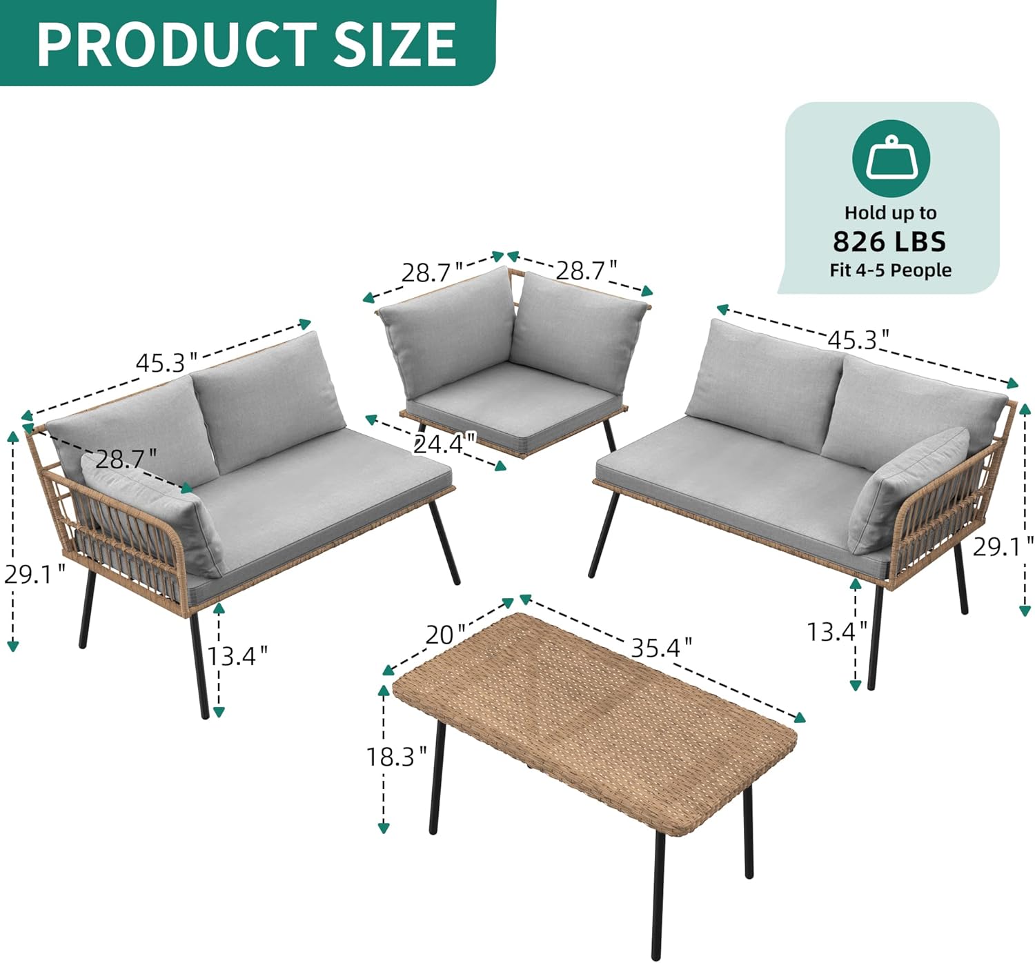 4 Pieces Patio Furniture Set, Outdoor Wicker Conversation Sectional L-Shaped Sofa with 5 Seater