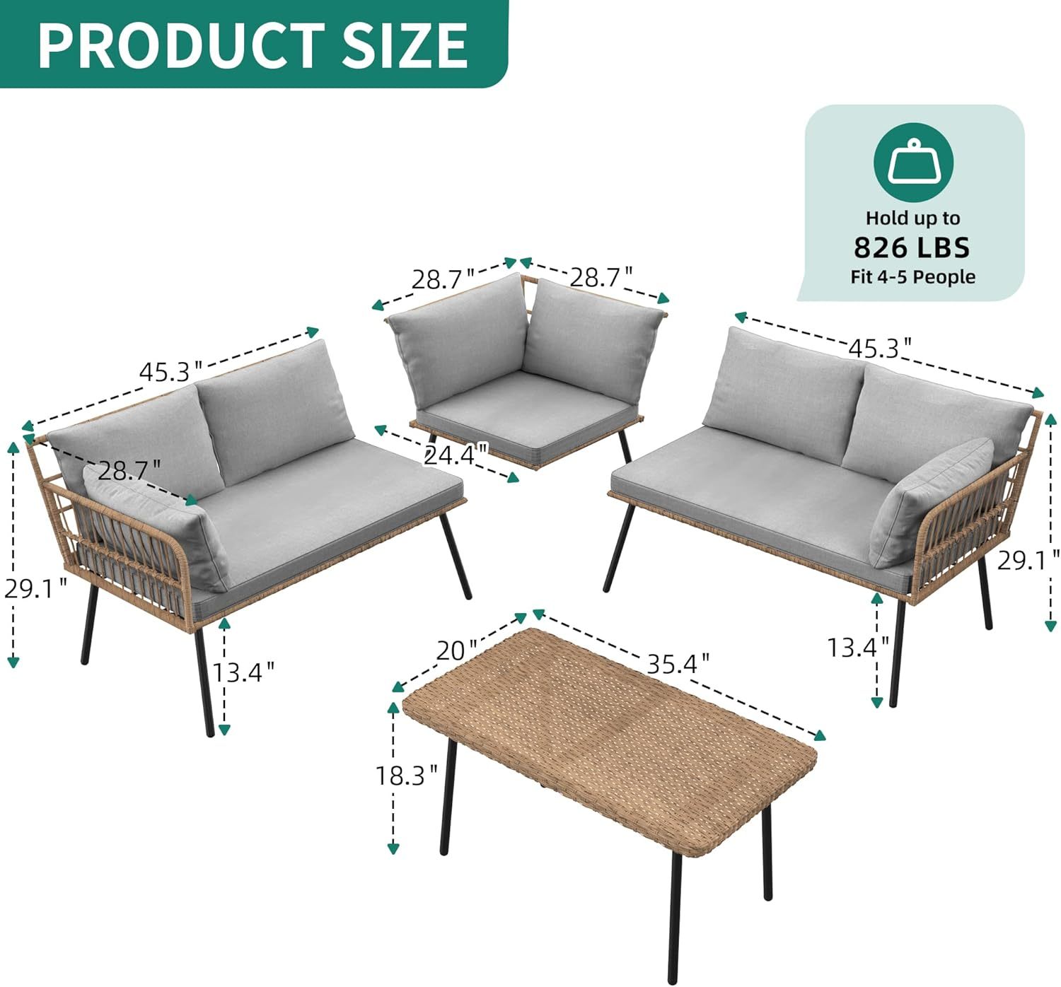4 Pieces Patio Furniture Set, Outdoor Wicker Conversation Sectional L-Shaped Sofa with 5 Seater