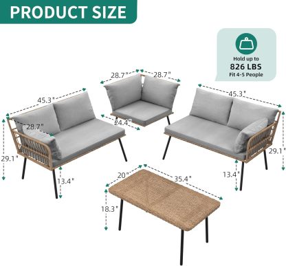 4 Pieces Patio Furniture Set, Outdoor Wicker Conversation Sectional L-Shaped Sofa with 5 Seater
