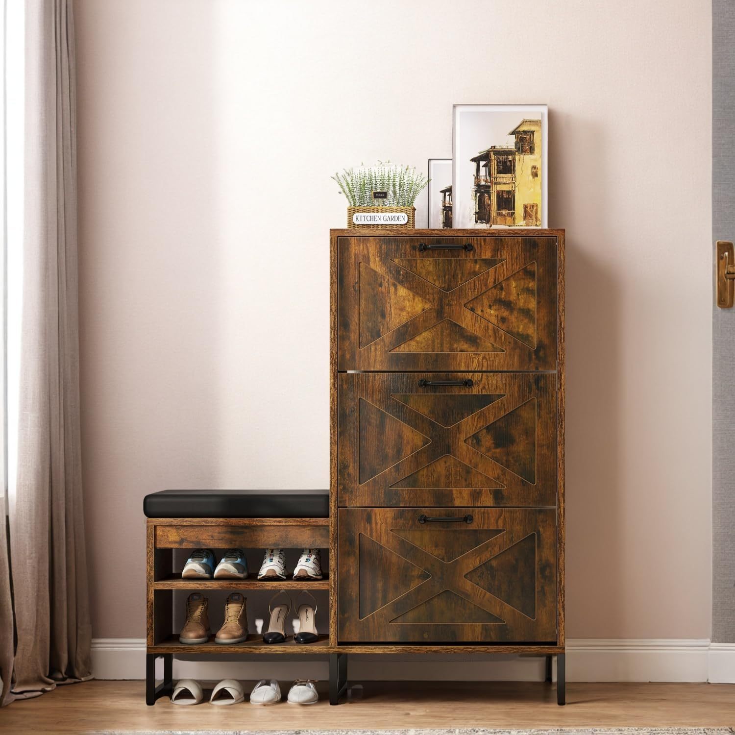 Shoe Cabinet with Bench for Entryway, 3 Flip Drawers Shoe Storage Cabinet with Shoe Bench