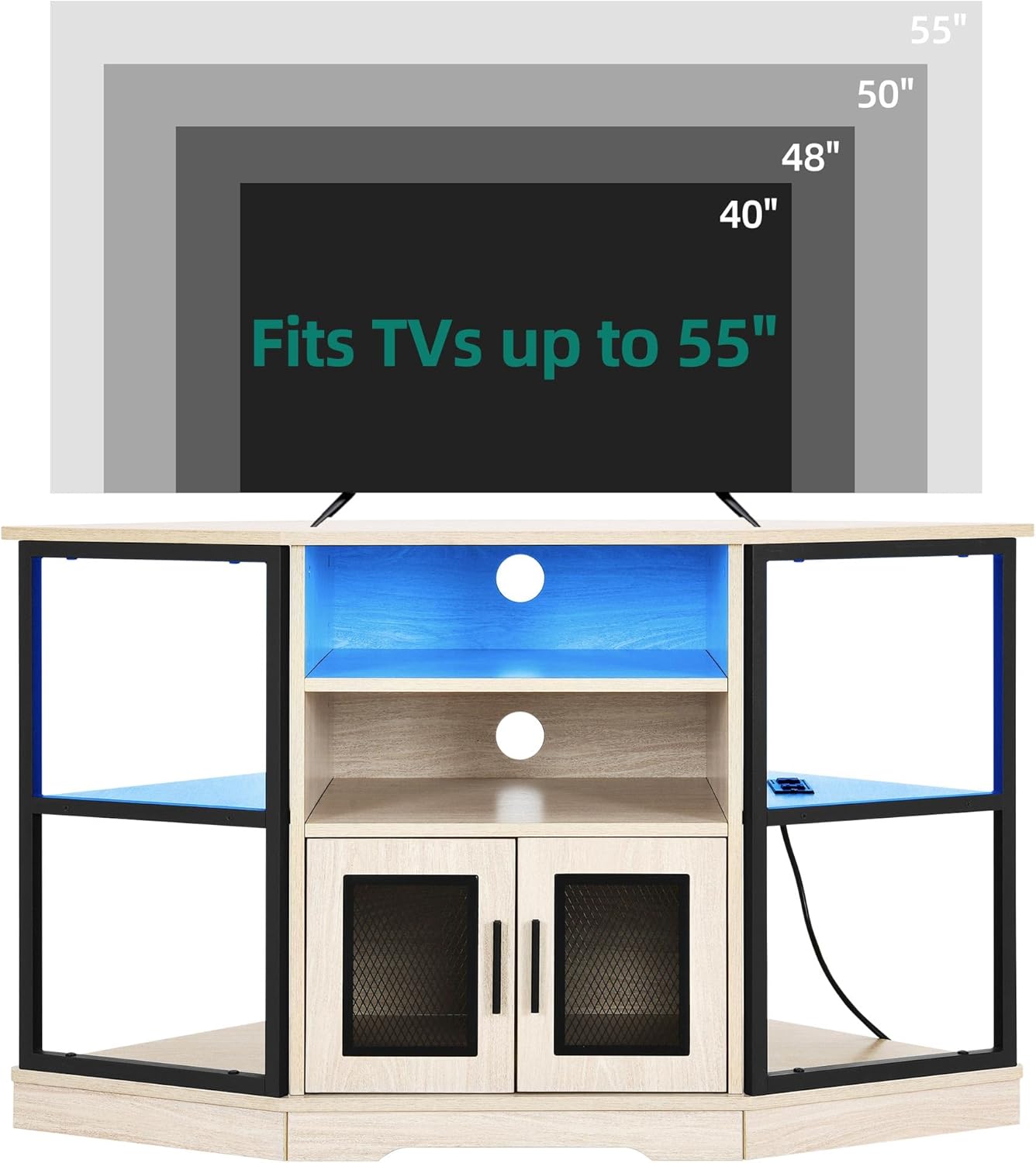 RGB LED Corner TV Stand for TVs up to 55/50 Inch with Power Outlet, Modern Farmhouse Entertainment Center