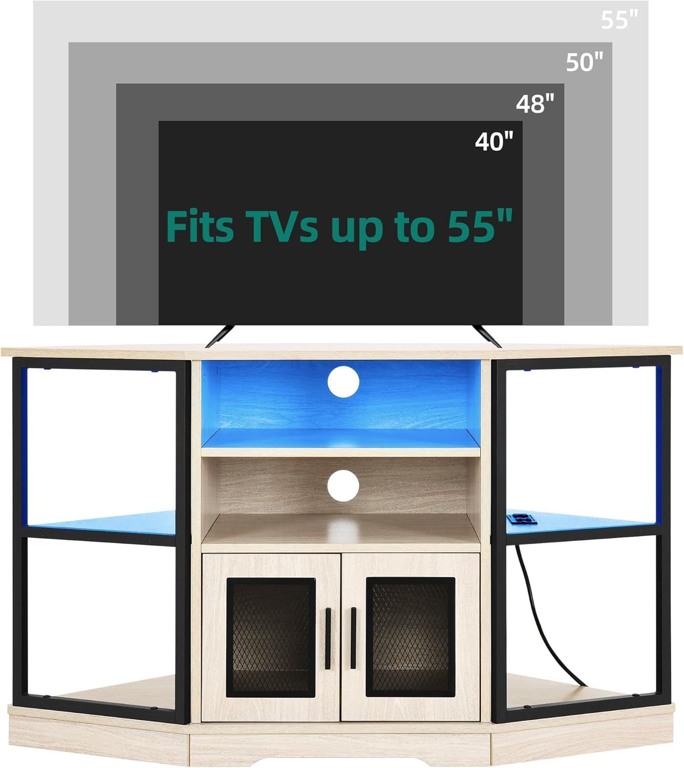 RGB LED Corner TV Stand for TVs up to 55/50 Inch with Power Outlet, Modern Farmhouse Entertainment Center