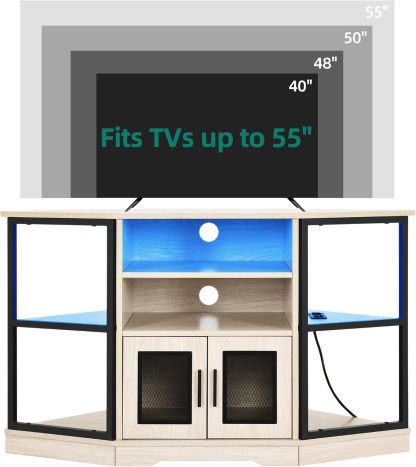 RGB LED Corner TV Stand for TVs up to 55/50 Inch with Power Outlet, Modern Farmhouse Entertainment Center