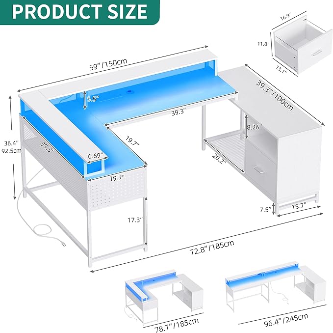 U Shaped Desk with Drawers, 72.8" Reversible L Shaped Desk with Power Outlets