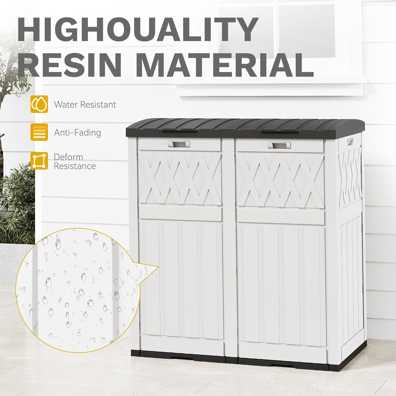66 Gallon Double-Bin Outdoor Trash Can, Waterproof Resin Garbage Can