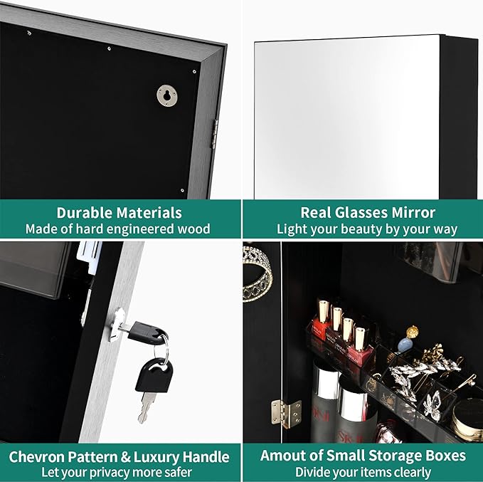 Lockable Jewelry Cabinet Armoire with Mirror, Wall-Mounted Mirror with Jewelry Storage