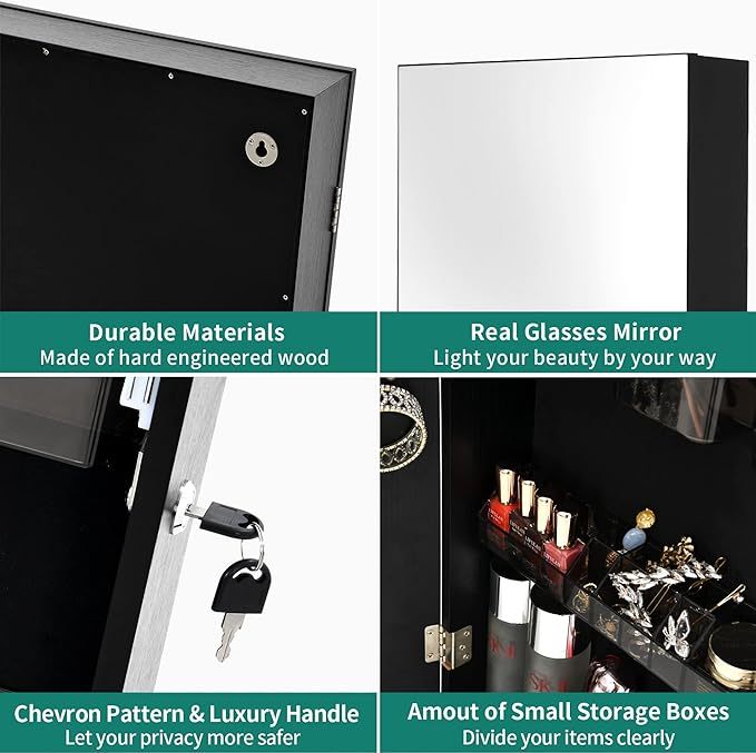 Lockable Jewelry Cabinet Armoire with Mirror, Wall-Mounted Mirror with Jewelry Storage