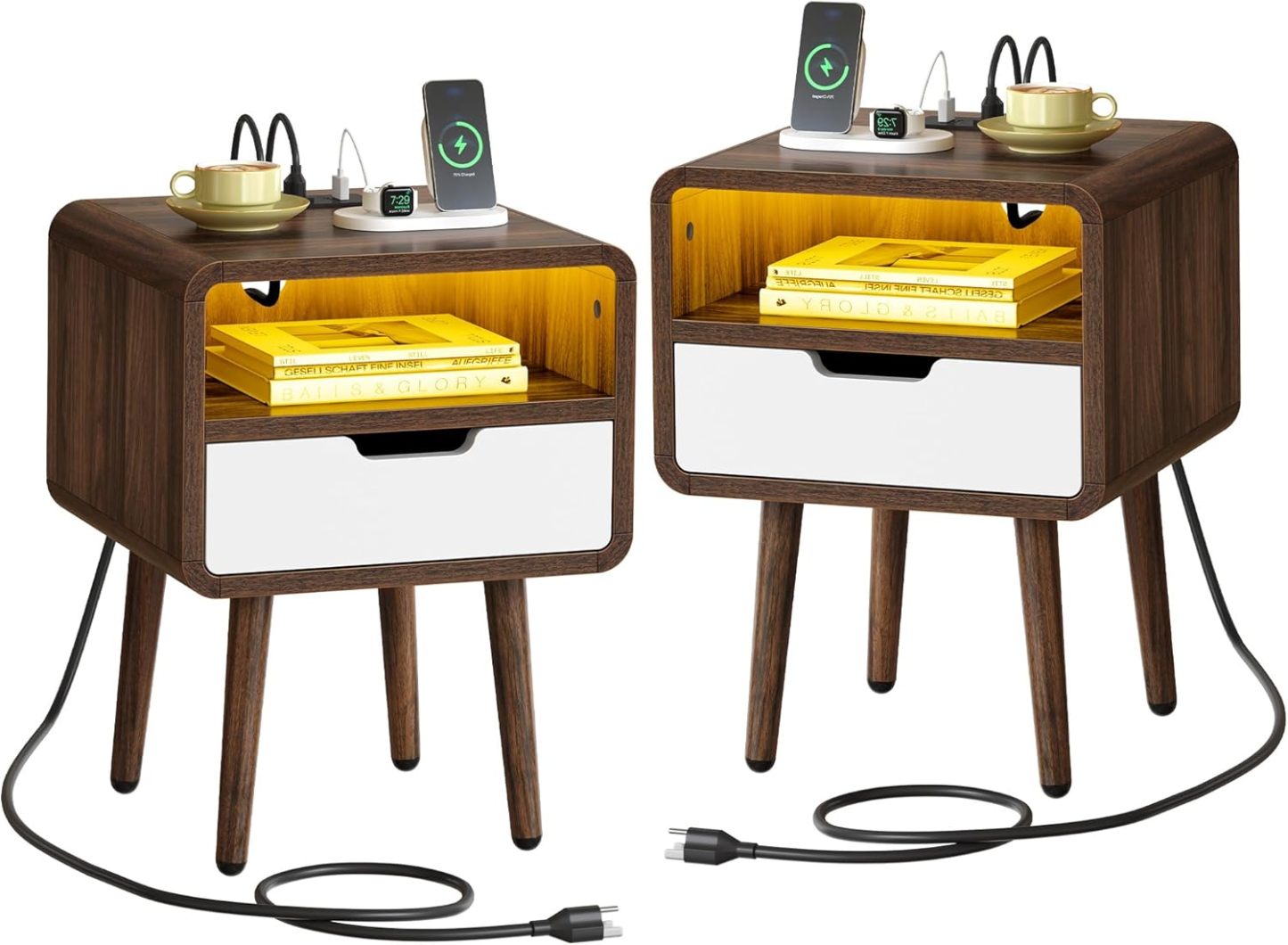 Small Nightstand with Charging Station, Wood Night Stand with Drawer for Bedroom, LED End Table Side Table with Open Shelf