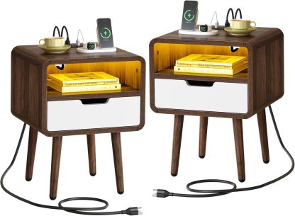 Small Nightstand with Charging Station, Wood Night Stand with Drawer for Bedroom, LED End Table Side Table with Open Shelf