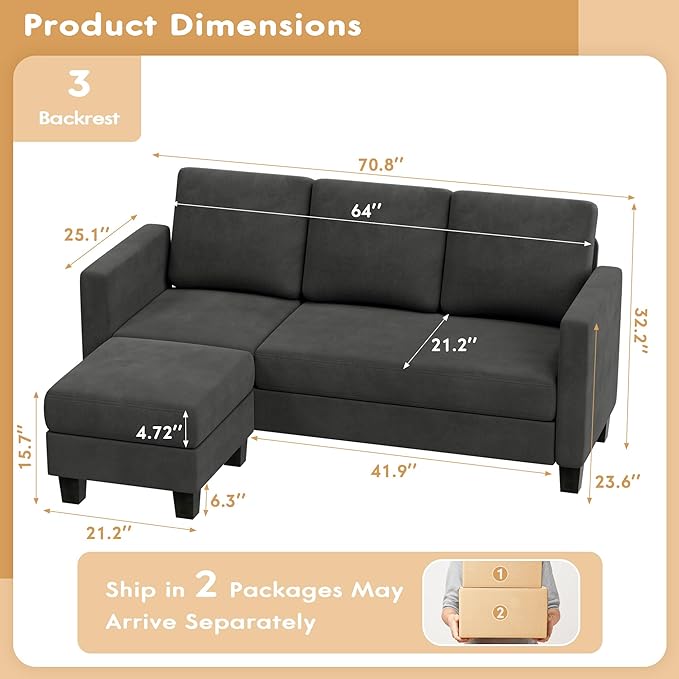 Convertible Sectional Sofa Couch, 3 Seat L-Shaped Sofa with Linen Fabric, Movable Ottoman