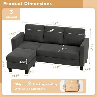 Convertible Sectional Sofa Couch, 3 Seat L-Shaped Sofa with Linen Fabric, Movable Ottoman