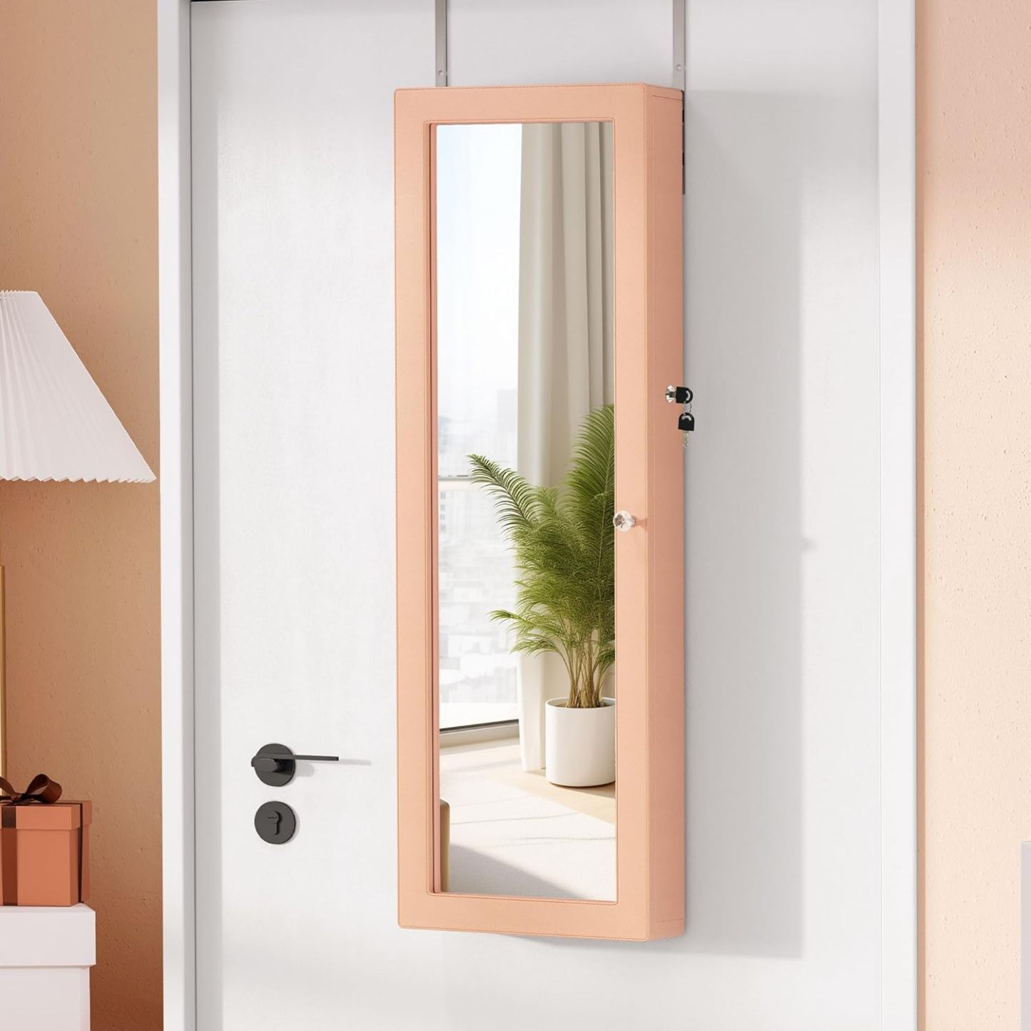 Mirror Jewelry Cabinet Wall Mounted Jewelry Cabinet, Door Hanging LED Jewelry Organizer with Full Length Mirror/Built-in Makeup Mirror/4 Drawers