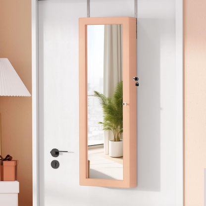 Mirror Jewelry Cabinet Wall Mounted Jewelry Cabinet, Door Hanging LED Jewelry Organizer with Full Length Mirror/Built-in Makeup Mirror/4 Drawers