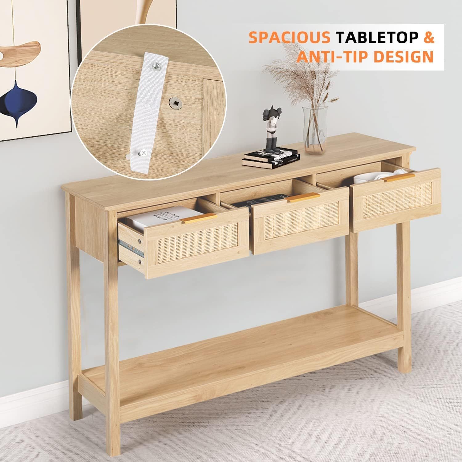 51" Console Table, Oak Grain Sofa Table with Wood Frame, Rustic Hallway Table with 3 Bamboo Weaving Storage Drawers and Shelf for Foyer Living Room Entryway