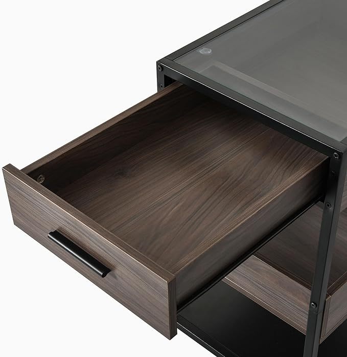 28 Inch Elm Color Nightstand with 1 Drawer 1 Open Storage 3 Shelves Black Metal Nightstand