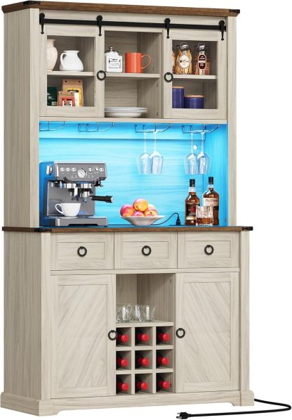 72" Farmhouse Bar Cabinet with Bottle Rack and Wine Glass Holder, Large Kitchen Buffet with Shelves, Wine Cabinet with 3 Drawers,Coffee Bar Sideboard with LED Lights