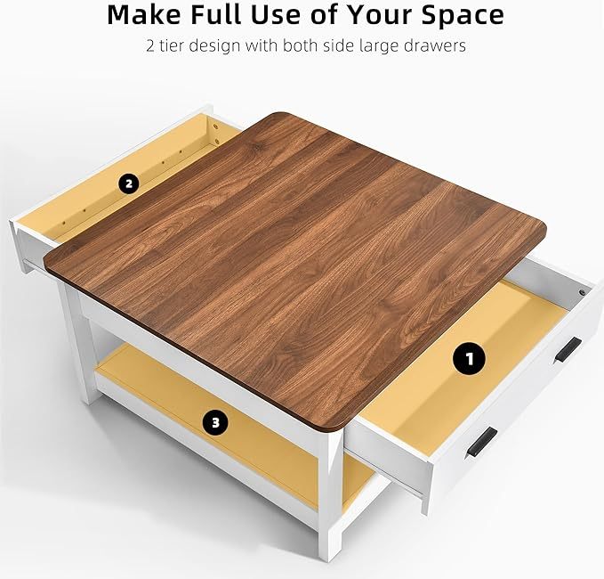 Square Coffee Table with 2 Drawers 2 Tier Shelf Wood Coffee Table