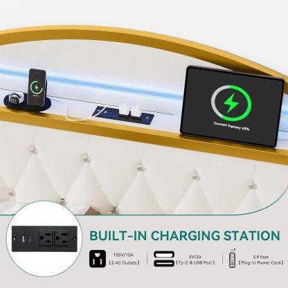 Queen Bed Frame with LED Lights, Platform Upholstered Bed with 4 Storage Drawers and Charging Station