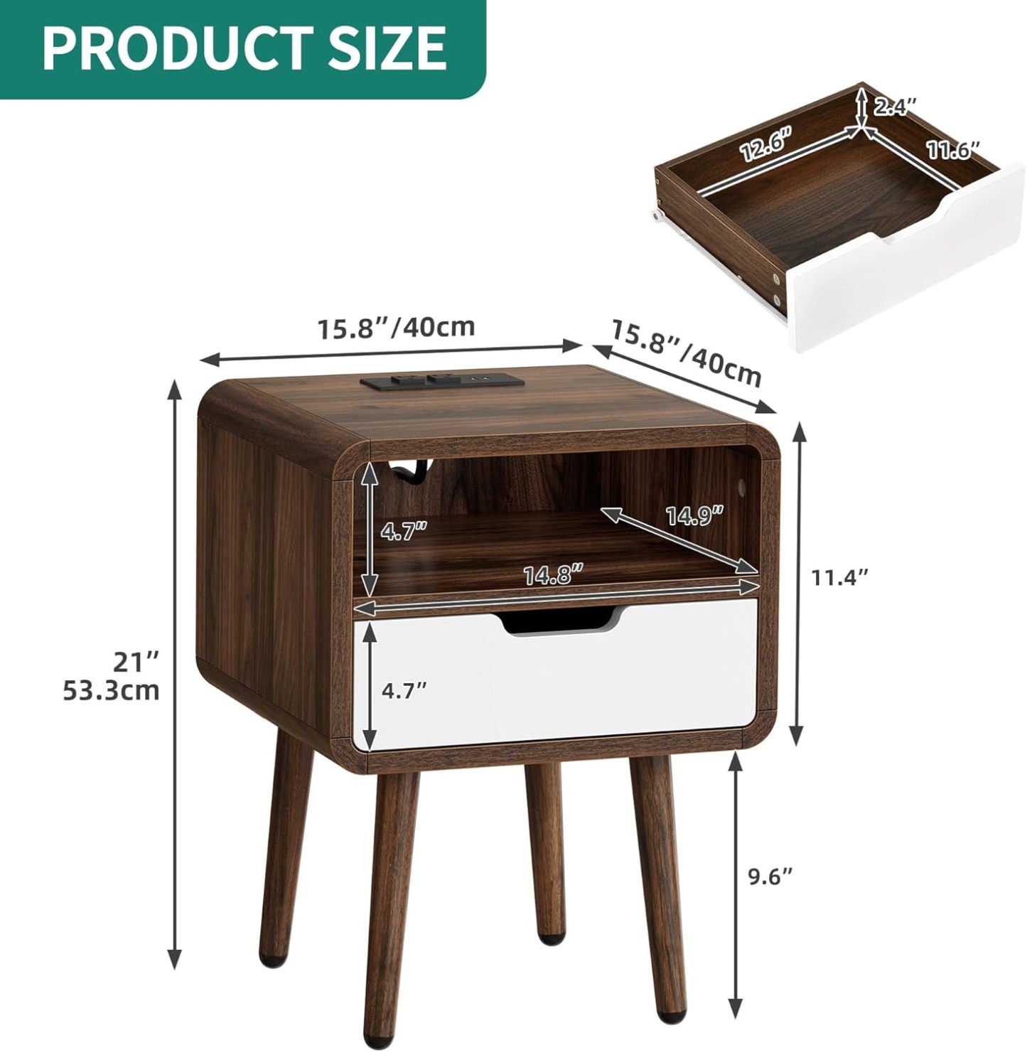 Small Nightstand with Charging Station, Wood Night Stand with Drawer for Bedroom, LED End Table Side Table with Open Shelf
