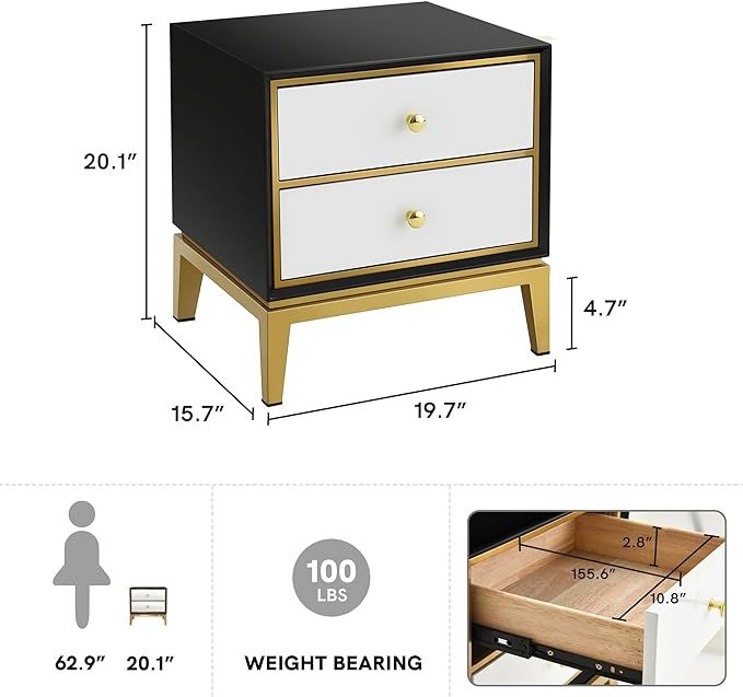Gold and Black Modern Nightstand with Solid Wood Drawers Storage End Table