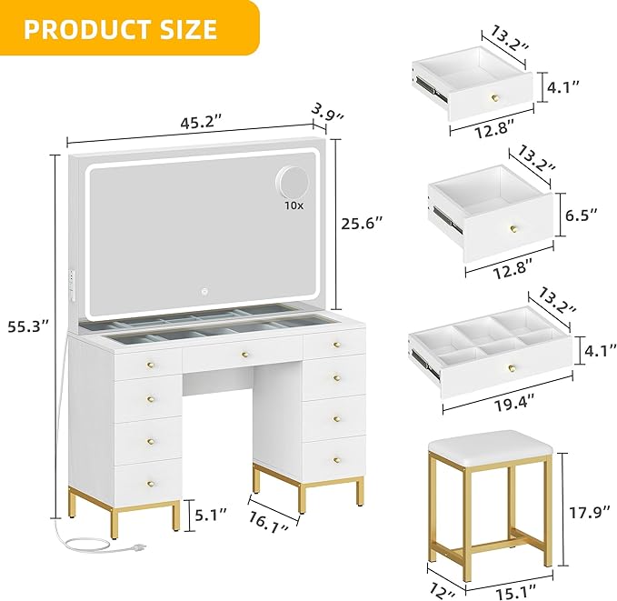 Vanity Desk Set with Large LED Lighted and Mirror & Power Outlet