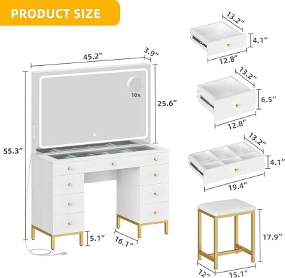 Vanity Desk Set with Large LED Lighted and Mirror & Power Outlet