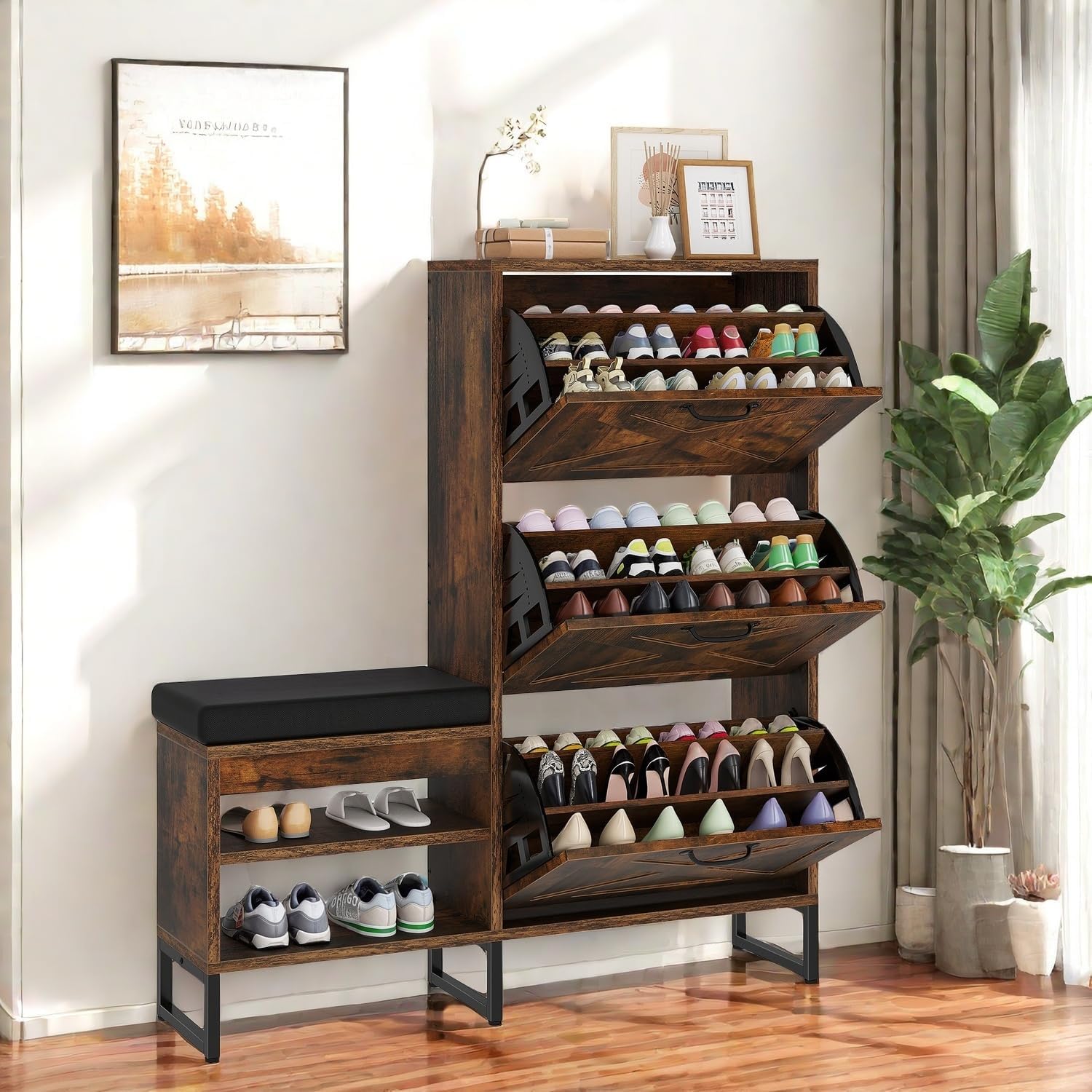 Shoe Cabinet with Bench for Entryway, 3 Flip Drawers Shoe Storage Cabinet with Shoe Bench