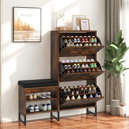 Shoe Cabinet with Bench for Entryway, 3 Flip Drawers Shoe Storage Cabinet with Shoe Bench