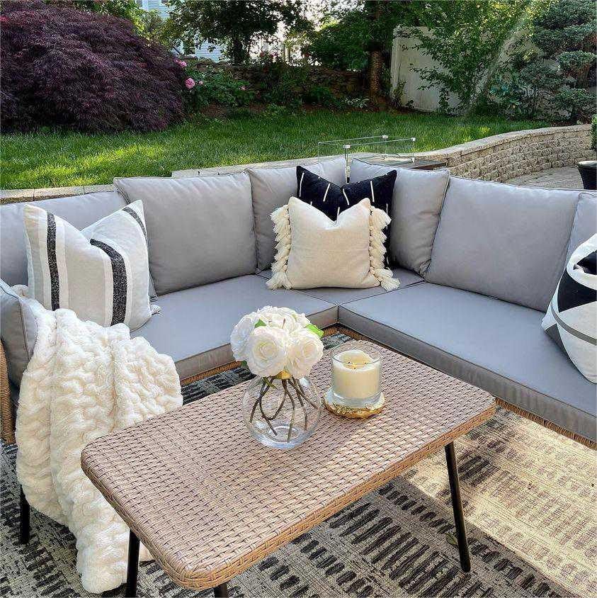 4 Pieces Patio Furniture Set, Outdoor Wicker Conversation Sectional L-Shaped Sofa with 5 Seater